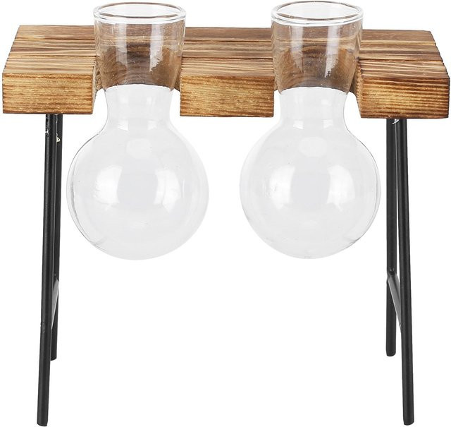 Tooarts Tisch-Glaspflanzgefäß mit Holzständer in Beige und Transparent für Hydrokultur im Retro-Design - Bild 1