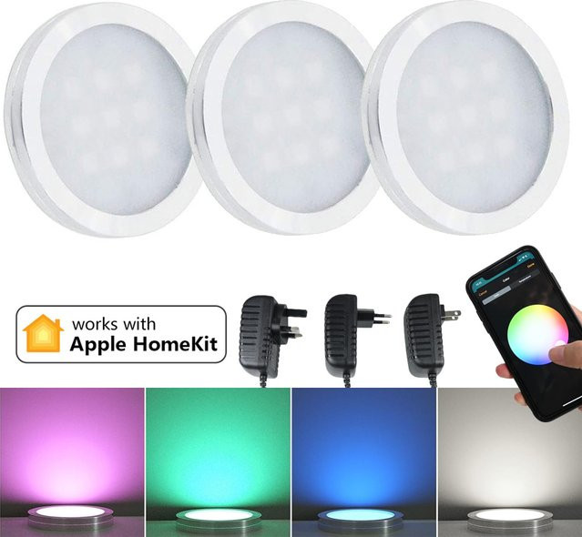 CENFAYA Homekit WiFi Runde RGB LED Unterbauleuchte für Schrank und Möbel, Dimmbar mit App- und Fernbedienung sowie Siri Sprachsteuerung, Multicolour, 12V - Bild 1