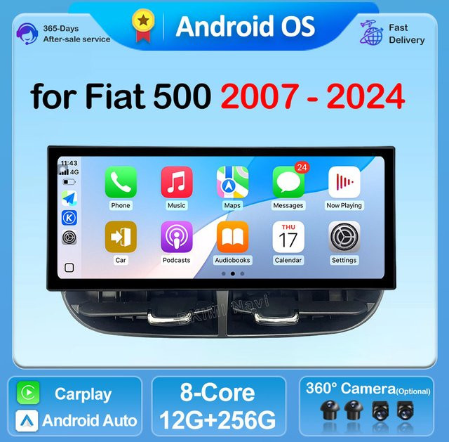 LIARO-NAVI Android 16 Autoradio Multimedia Player mit 12,3 Zoll Display für Fiat 500 (2007 - 2024), Schwarz, GPS, 4G, Carplay, WiFi und Bluetooth - Bild 1