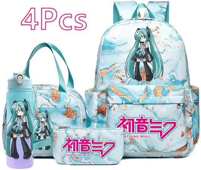 CRAZY FLY HS1 Schultaschen-Set mit Hatsune Miku Aufdruck für Teenager, bestehend aus Rucksack, Handtasche, Federmäppchen und 750 ml Wasserflasche, Blau - Bild 1