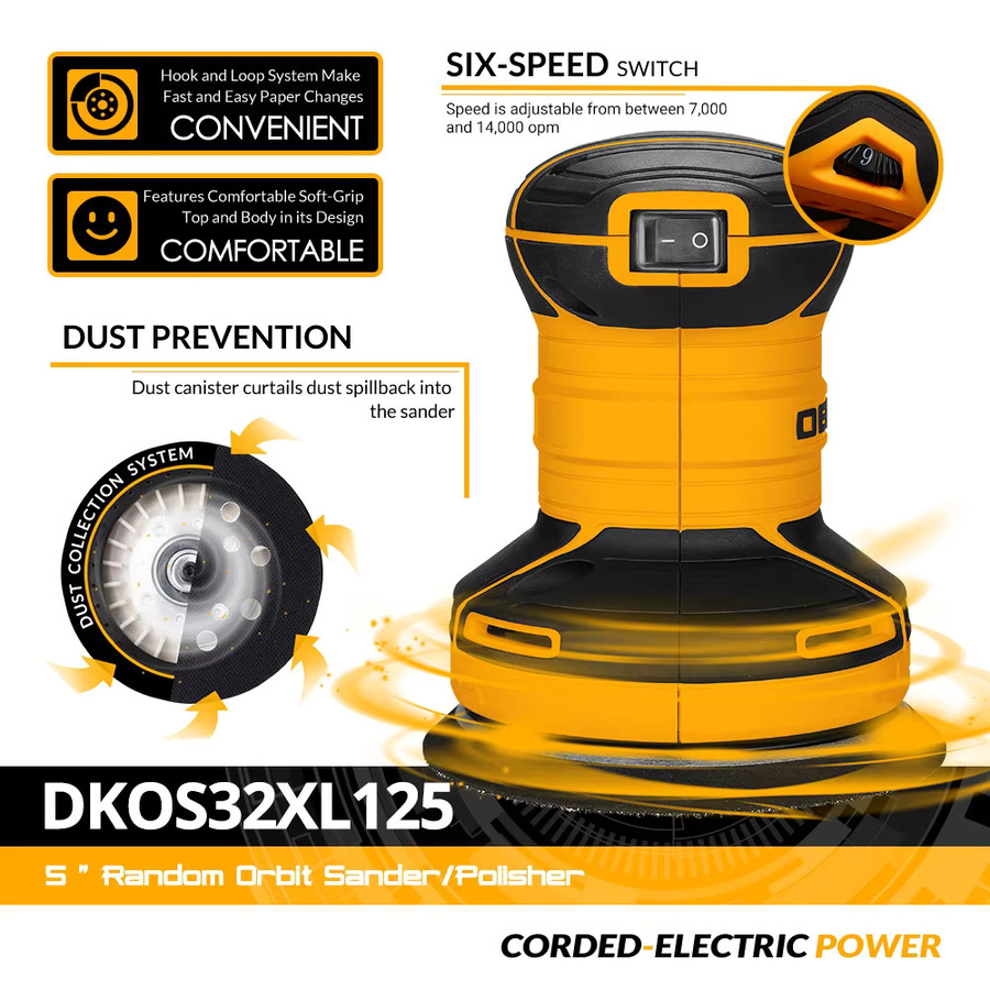 DEKO Exzenterschleifer DKOS32XL125 in Orange mit 320 W Leistung und 14000 U/min für Heim-DIY und Polierarbeiten - Bild 2