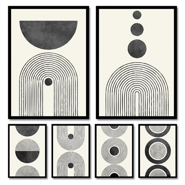 Potdemiel Abstrakte Geometrische Leinwand Wandkunst im Mid-Century Stil, Schwarz-Weiß - Bild 1