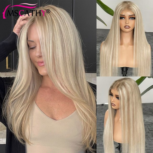 Mscathy Remy Echthaarperücke, 250%, beige meliert, glatt, Damen - Bild 1