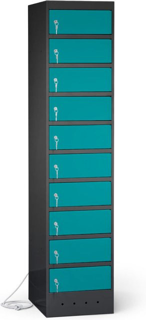 rotstahl Laptopschrank mit 10 Fächern aus Stahlblech, Farbe Türkis, Korpus Anthrazitgrau, B: 40 cm, H: 180 cm - Bild 1