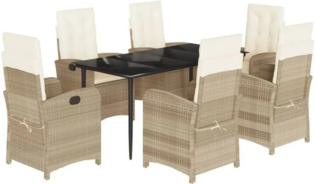 vidaXL 7-teilige Garten-Essgruppe aus Poly-Rattan mit Kissen in Beige und Cremeweiß - Bild 1