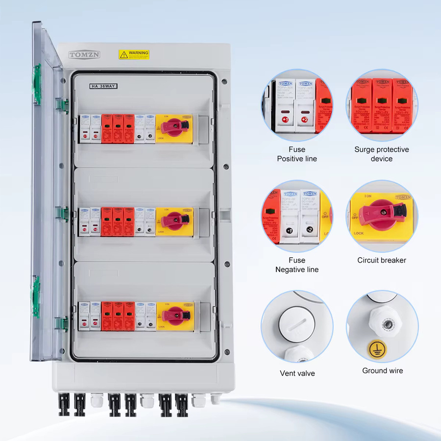 TOMZN Solar Photovoltaik PV Combiner Box mit Blitzschutz, 6 Eingänge und 3 Ausgänge, DC 1200 V, Sicherung MCB SPD, wasserdicht IP65, Farbe: Weiß - Bild 2