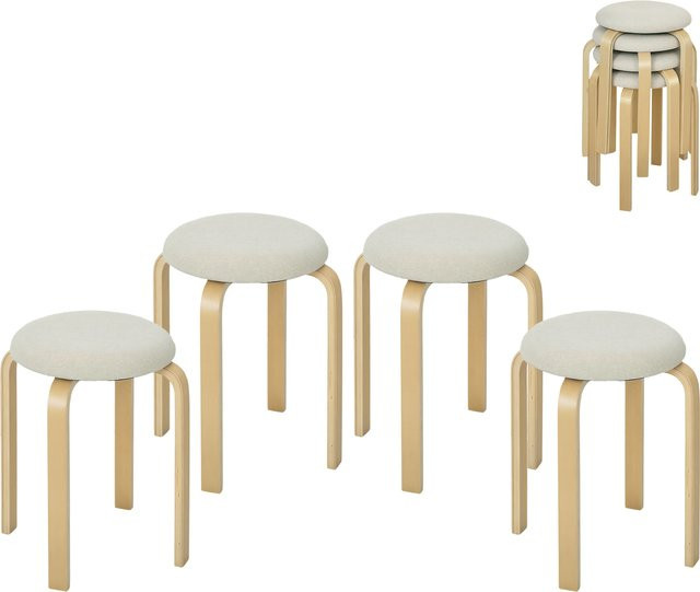 HOMCOM 4er Set Stapelhocker Runde Polsterhocker mit Leinenoptik in Cremeweiß für Esszimmer, Küche und Wohnzimmer von Aosom - Bild 1