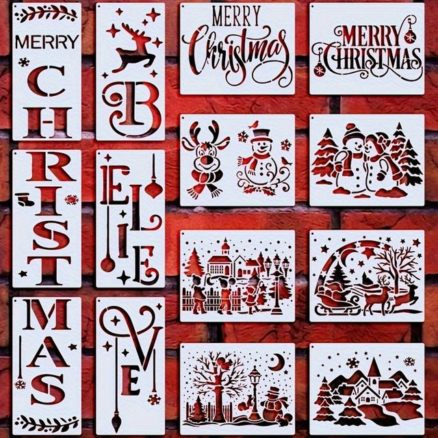 14-teiliges Weihnachts-Schablonen-Set aus Kunststoff in Weiß für DIY-Malerei und Basteldekoration mit Buchstabenschildern 25,4 cm und Feiertags-Szenenvorlagen 17,8 cm - Bild 1