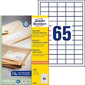 Avery Zweckform Universaletiketten LR3666, A4, weiß, Recycling-Papier, 6500 Stück auf 100 Bogen, Breite: 38 mm, Höhe: 21,2 mm - Bild 1