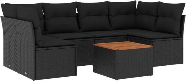 vidaXL 7-tlg Garten-Sofagarnitur aus Poly-Rattan und Akazienholz in Schwarz mit Kissen - Bild 1