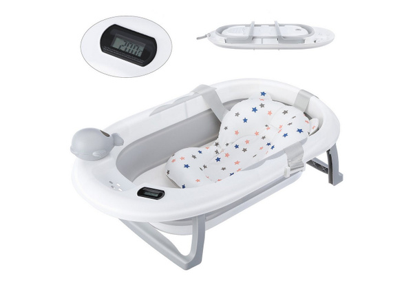 oyajia Babybadewanne faltbar mit Thermometer und weichem Schwimmkissen für Kinder von 0 bis 2 Jahren, rutschfest