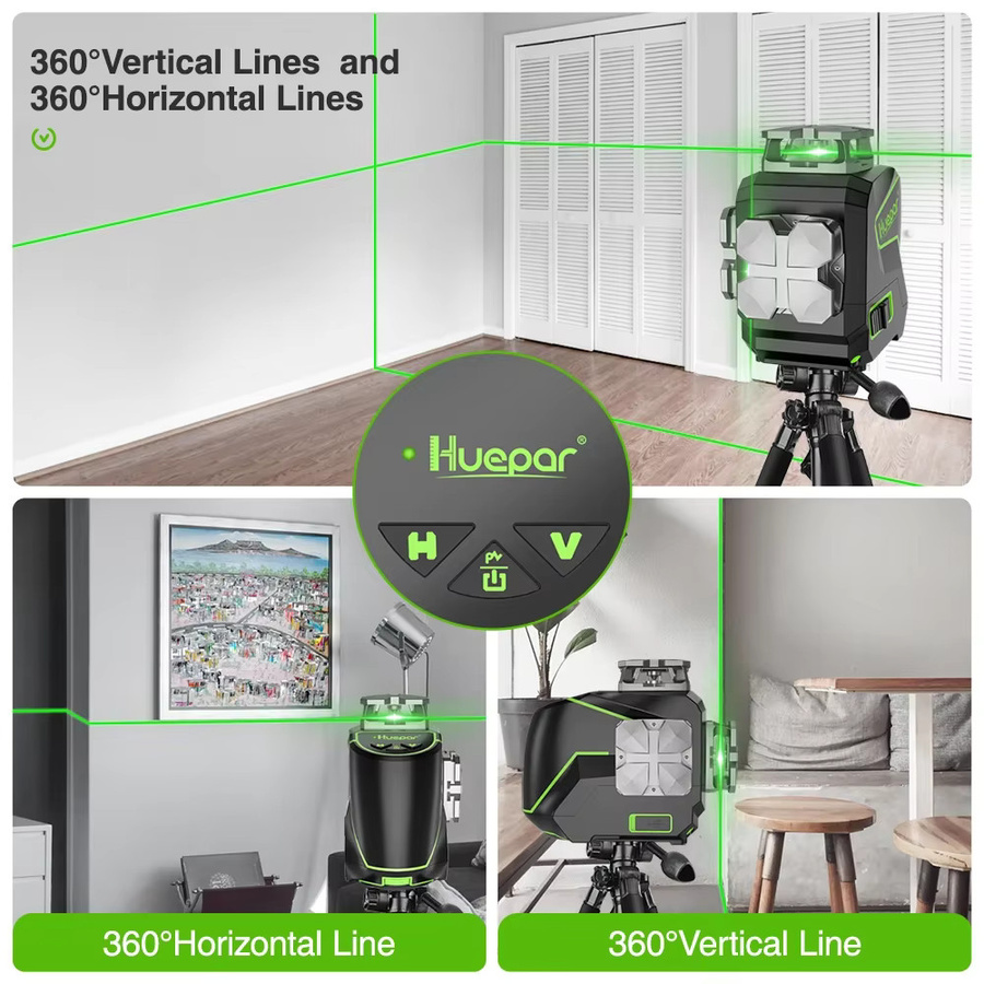 Huepar 2D Kreuzlinien-Laser mit Osram grünen Strahlen, 8 Linien, selbstnivellierend, horizontal und vertikal 360 Grad, inklusive Laser-Empfänger, Schwarz/Grün - Bild 3