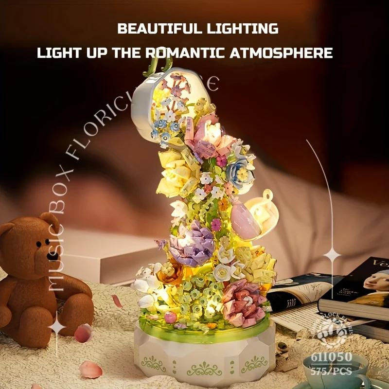 Binchi Keji Travel Teetassen-Blumen-Spieluhr aus Bausteinen, mehrfarbiges dekoratives Ornament für Zuhause und als Geschenk für Kinder - Bild 4