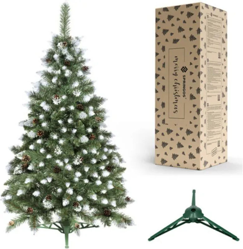 SPRINGOS Premium Weihnachtsbaum Diamantkiefer in Winter-Optik mit Kunstschnee und echten Zapfen, Höhe: 150 cm, Farbe: Grün/Weiß - Bild 5
