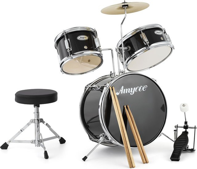 HiMISS Schlagzeug-Set, 3-Trommel-Akustik-Schlagzeug-Set, Holz, Metall, Schwarz - Bild 1