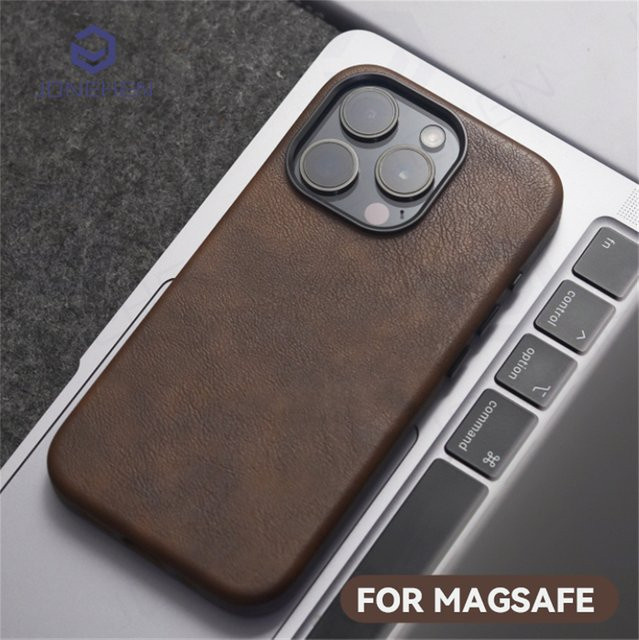 JONEHEN MagSafe Schutzhülle aus Crazy Horse PU Leder für iPhone 16 Plus, 15, 14, 13, 12 Pro Max, magnetisch und stoßfest, in Gold oder Braun - Bild 1