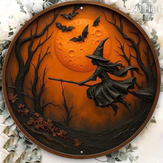 HELLOYOUNG Halloween Metalldekor aus Aluminium mit Hexe auf Besenstiel, Vollmond und Fledermäusen, rundes Wandschild, Durchmesser: 20,3 cm - Bild 1