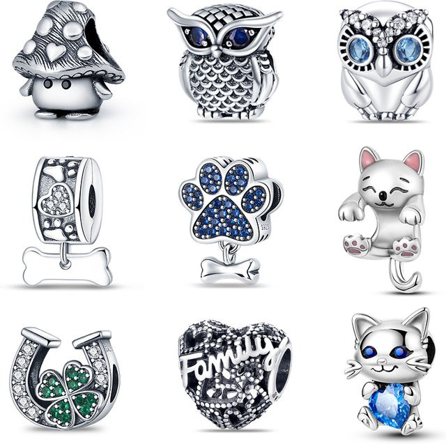 Charms 925 Silber, Pilz Eule Katze Knochen, Pandach - Bild 1