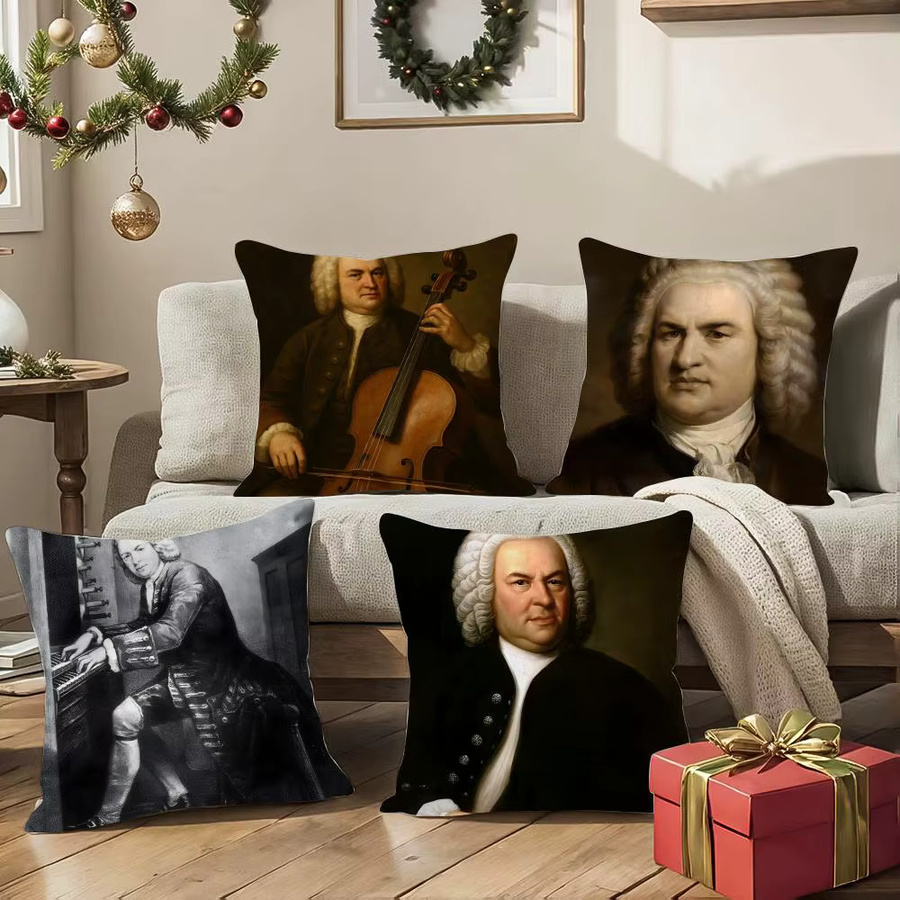 Klassischer Johann Sebastian Bach Kissenbezug aus Plüsch in Schwarz, quadratisch, Breite: 30 cm, Höhe: 30 cm - Bild 4