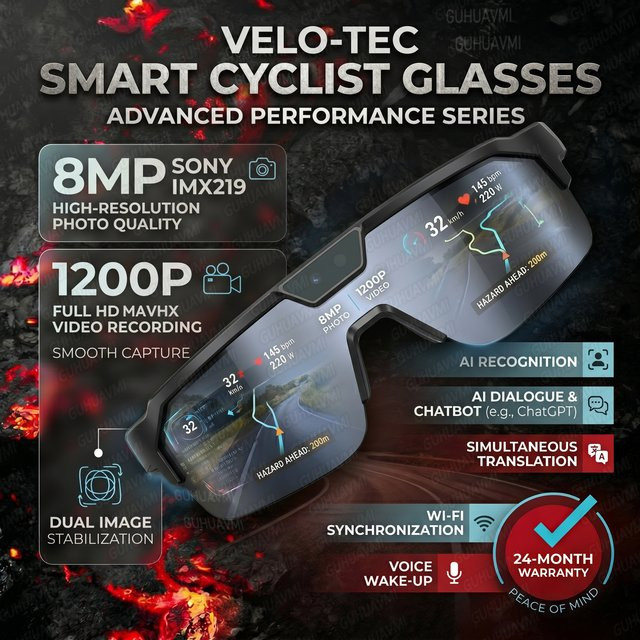 GUHUAVMI KI-Sport-Radbrille mit 80MP Kamera, 1200P HD-Video, Bluetooth 5.3, WLAN, Open-Ear-Lautsprecher und Echtzeit-Übersetzung in Schwarz - Bild 1
