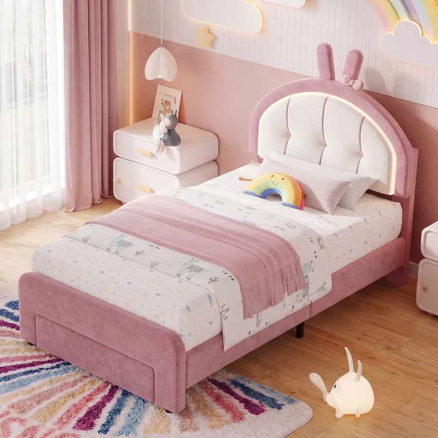 Simurq Gepolstertes Kinderbett Prinzessinnenbett aus Samt in Rosa mit verstellbarem Kopfteil und Lattenrost, B/T/H: 90 x 200 cm - Bild 2