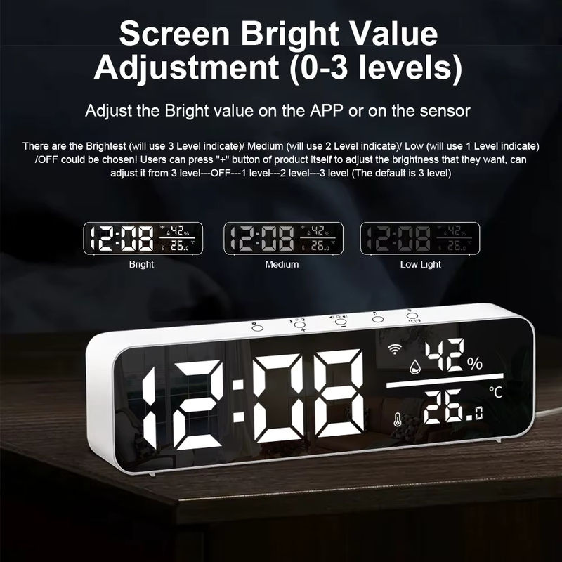 Tuya WiFi LED Wecker mit Temperatur- und Feuchtigkeitssensor, USB Desktop Spiegeluhr in Weiß - Bild 4