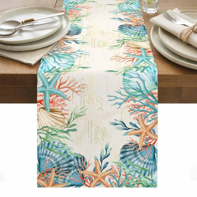 JMG Household Supplies Leinen Tischläufer mit Sommer Seestern und Koralle Aquarell Design, B/H: 150 x 33 cm, Mehrfarbig - Bild 1