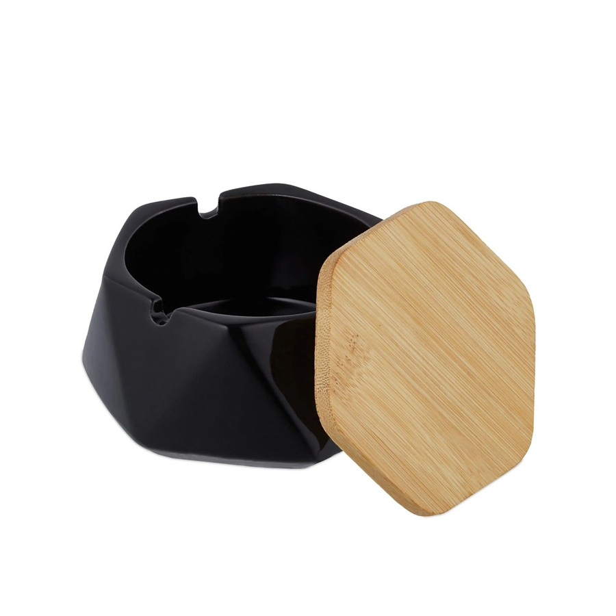 Relaxdays Tischaschenbecher aus Keramik mit Bambusdeckel in Schwarz, B: 6 cm, T: 11,5 cm, H: 10,5 cm - Bild 2