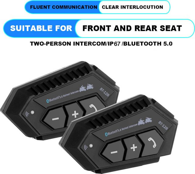 2er Set kebidumei BT-12B Motorradhelm Intercom Bluetooth Headset für 2 Fahrer, wasserdicht, Schwarz - Bild 1