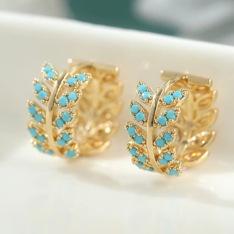 Ohrringe Blumenranken in Blattform, Gold, Türkis-Einlage, Brillant, Zirkonia, Damen - Bild 2