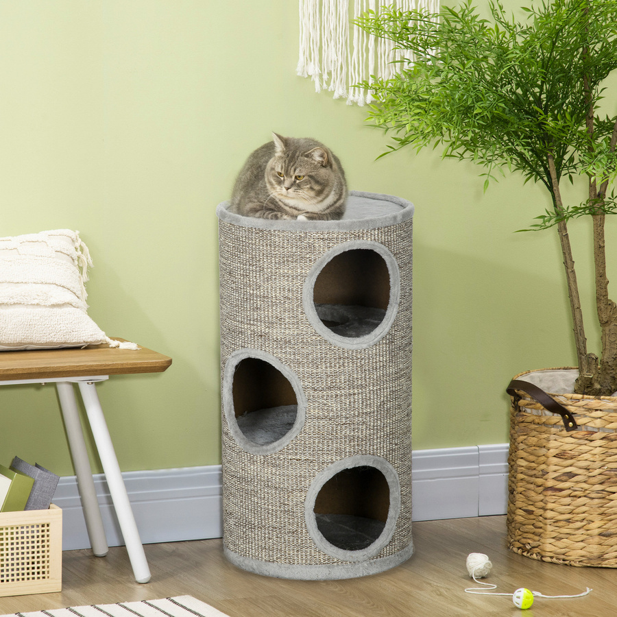PawHut Kratztonne für Katzen mit 3 Höhlen aus Sisal und Plüsch, Grau, B/T/H: 38 x 38 x 70 cm - Bild 2