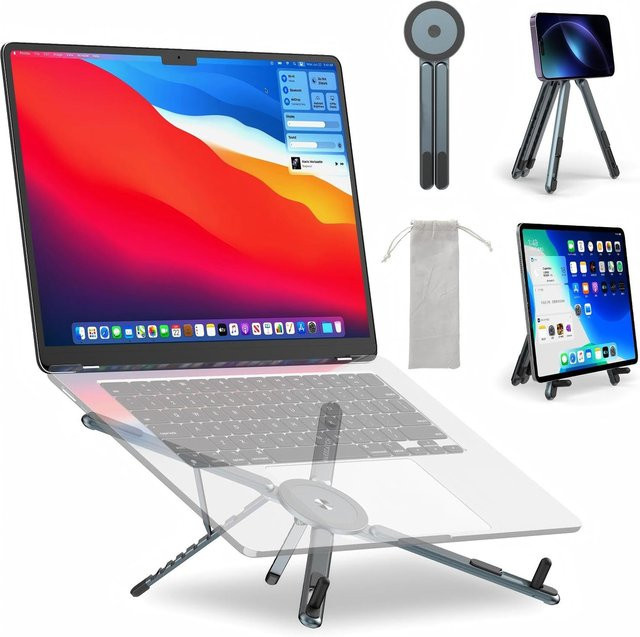 Aumengear Tragbarer 3-in-1 faltbarer Mini-Laptop-Ständer aus Aluminiumlegierung mit höhenverstellbarem Handyhalter in Silber und Grau - Bild 1