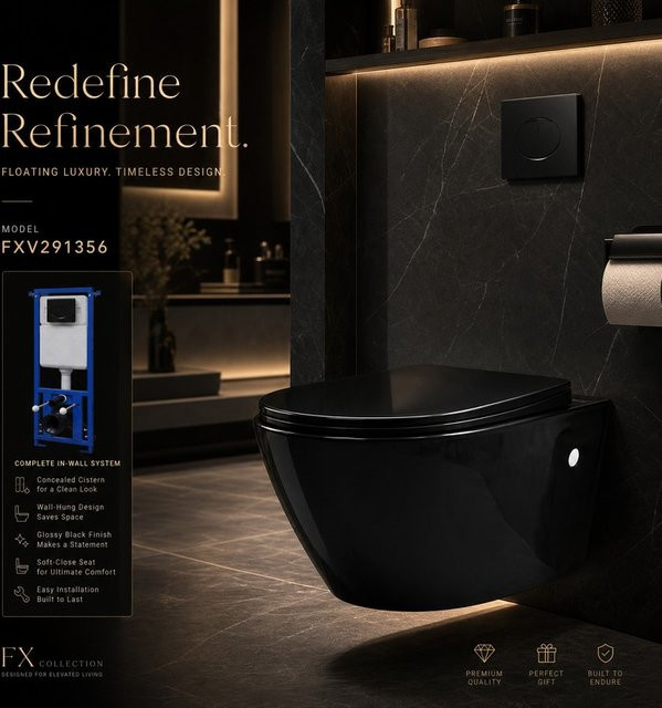 Wandhängende Toilette aus schwarzer Keramik mit verdecktem Spülkasten - Bild 1
