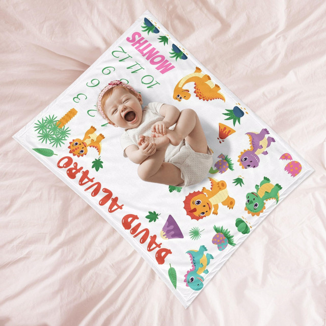 VIKAMA Baby-Meilenstein-Decke mit Dinosaurier-Motiv und Vulkan-Design zur monatlichen Wachstumsdokumentation für Neugeborene - Bild 1