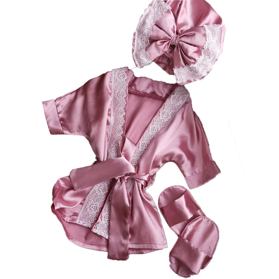 Ylsteed Neugeborenen-Fotografie-Outfit Set für Baby-Mädchen in Pink mit Spitzenbademantel, Schleife, Turban, Mütze und Hausschuhen - Bild 5