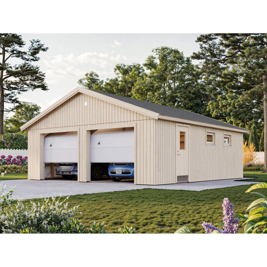 Palmako Garage Andre Nordic+ aus Fichtenholz mit Sektionaltoren, Unbehandelt, B: 665 cm, T: 739 cm - Bild 2