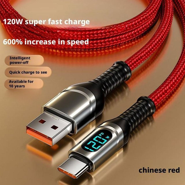 VBVC PD120W USB-C Datenkabel 6A mit Digitalanzeige in Rot für iPhone 15 16 17 Pro Max Xiaomi Samsung - Bild 1
