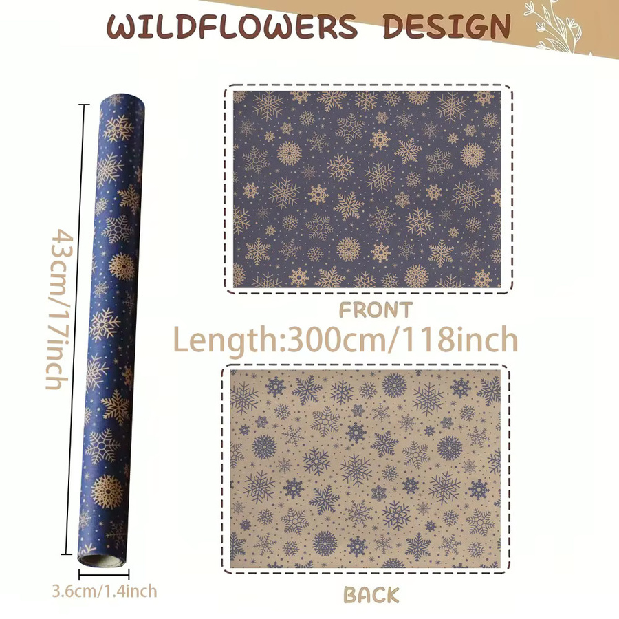 Marineblaues Schneeflocken-Geschenkpapier, doppelseitig und wasserfest, B: 42,9 cm, L: 299,7 cm - Bild 1