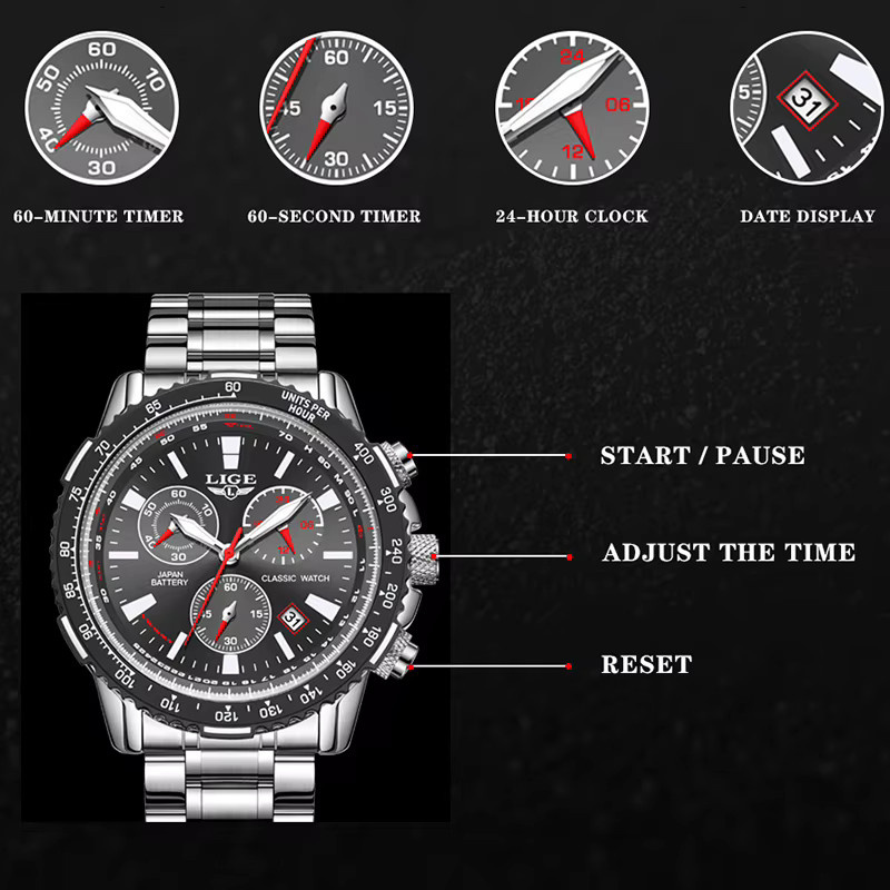 LIGE Chronograph Armbanduhr, Quarz, Edelstahl, Schwarz, Herren - Bild 3
