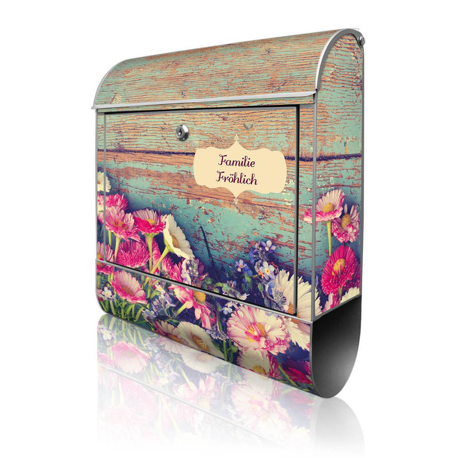 Banjado Briefkasten aus Stahl in Silber mit Blumenpflücken Motiv und Zeitungsfach, H x B x T: 38 x 47 x 13 cm - Bild 1