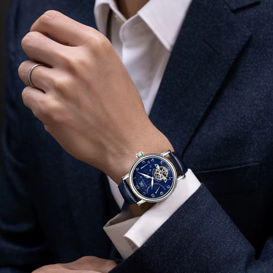 Shanghai Armbanduhr, Automatik, Edelstahl, Blau, Leder, Herren - Bild 5