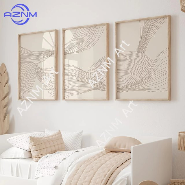 Potdemiel Boho Chic Leinwand-Wandkunst Beige mit abstrakter Linienkunst und geometrischen Motiven - Bild 1