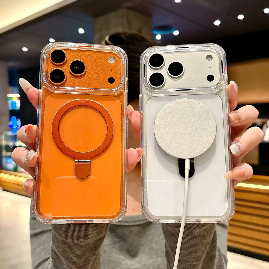 Transparente Magnetische Metall-Ständerhülle für Apple iPhone kompatibel mit MagSafe, Harte Acryl-Stoßfängerhülle - Bild 1