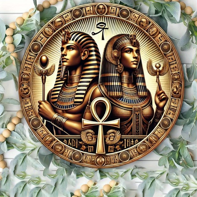 Rundes Metallblechschild HELLOYOUNG im Vintage-Stil mit ägyptischem Pharao und Königin, Kupfer- und Goldoptik mit Hieroglyphen, Durchmesser: 20 cm - Bild 1