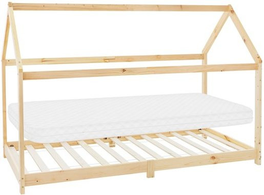 ML-Design Kinderbett Hausbett aus Kiefernholz mit Dach, Lattenrost und Matratze, Farbe: Natur/Braun, B: 90 cm, L: 200 cm, Matratzenhöhe: 10 cm - Bild 1