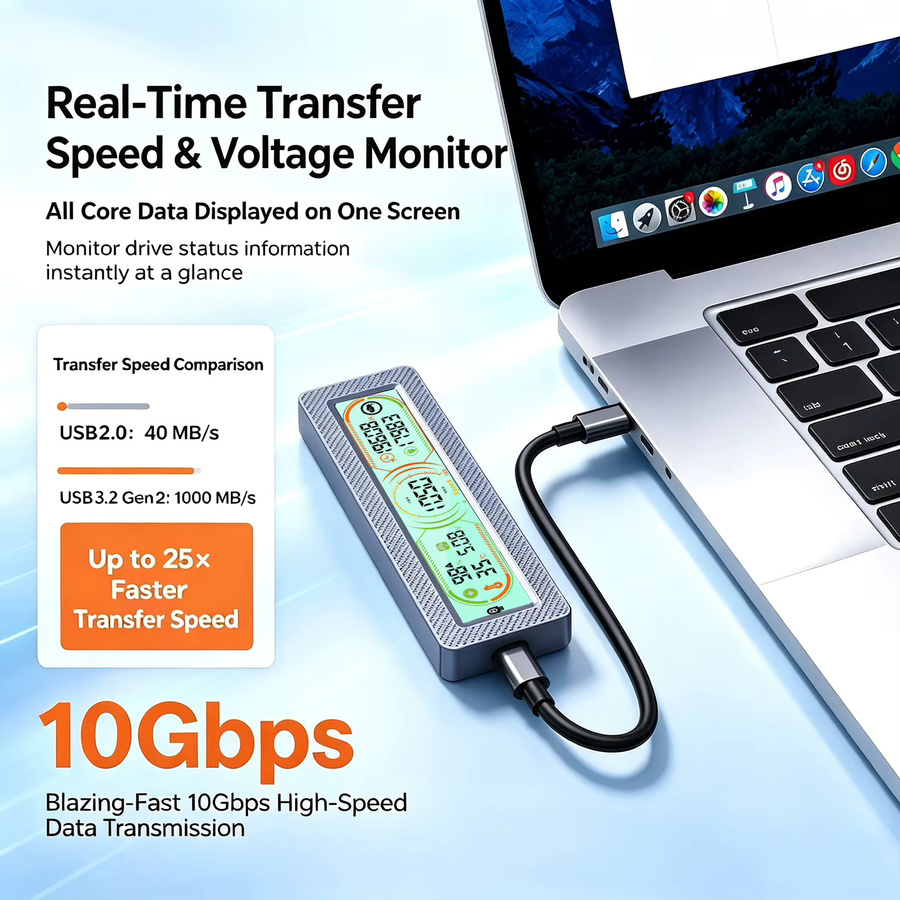 HSEN M.2 SSD-Gehäuse mit Smart-Display für NVMe PCI-E und SATA, USB 3.2 Gen 2 10Gbps, Echtzeit-Gesundheitsmonitor - Bild 3