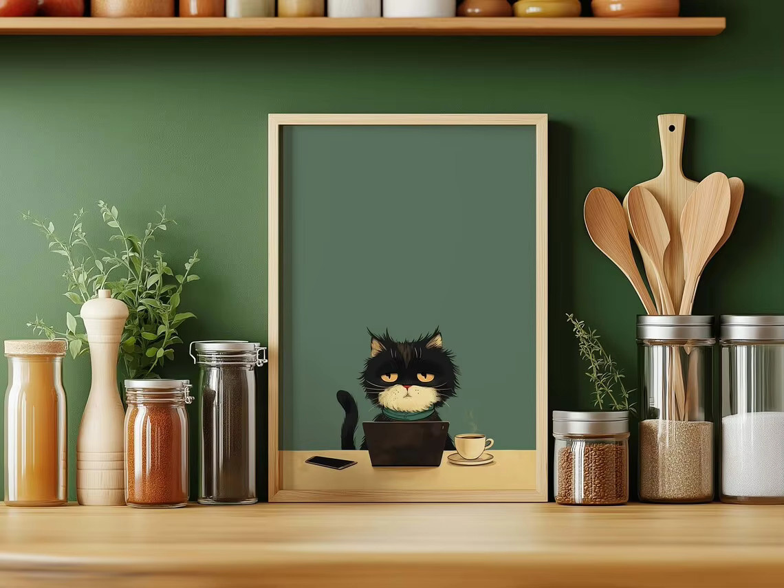 SHENCHEN Wandbild Retro Motiv Grumpy Black Cat mit Laptop und Kaffee in Schwarz und Multicolour - Bild 4