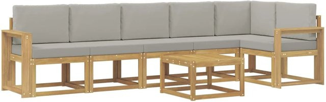 vidaXL Outdoor-Sofagarnitur aus Akazienholz in L-Form, 7-teiliges Set mit Kissen in Weiß, Grau und Braun - Bild 1