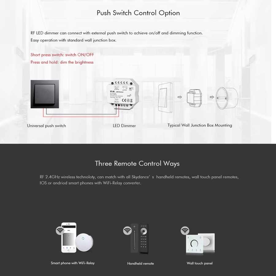 CENFAYA Mini-LED-Dimmer 1CH 4A/8A DC12V 24V RF-Controller mit 2,4G kabelloser Fernbedienung und Push-Dimming für die Wandbox-Montage in Weiß - Bild 2