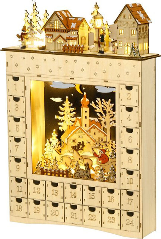 HOMCOM Adventskalender aus Naturholz mit 24 Schubladen und LED-Lichtern, Weihnachtsdekoration in Braun, B: 36 cm, T: 9 cm, H: 52 cm - Bild 1
